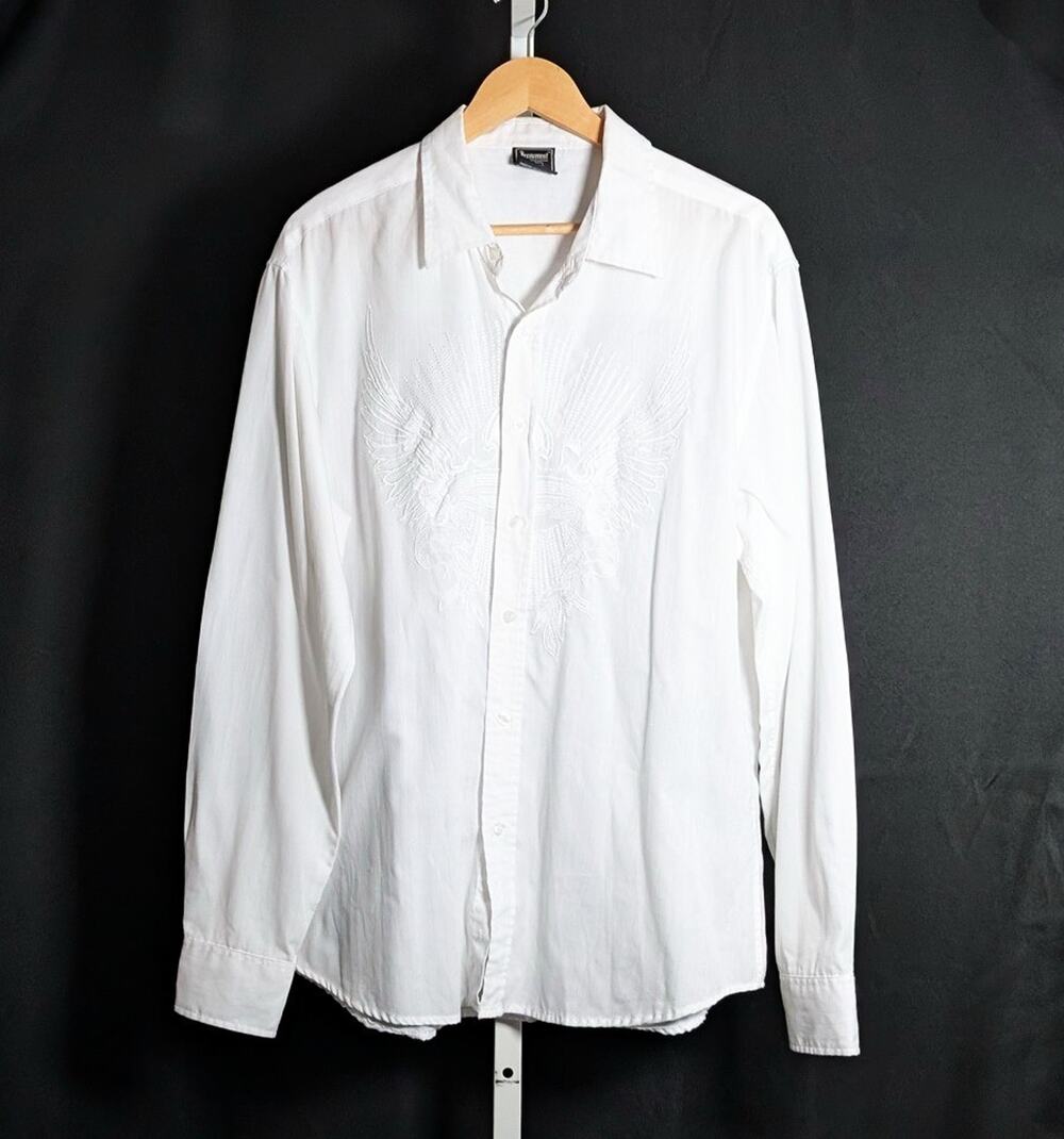 Vintage Y2K Shirt White Men's Size L Button Front Embroidered Wings Irreverent